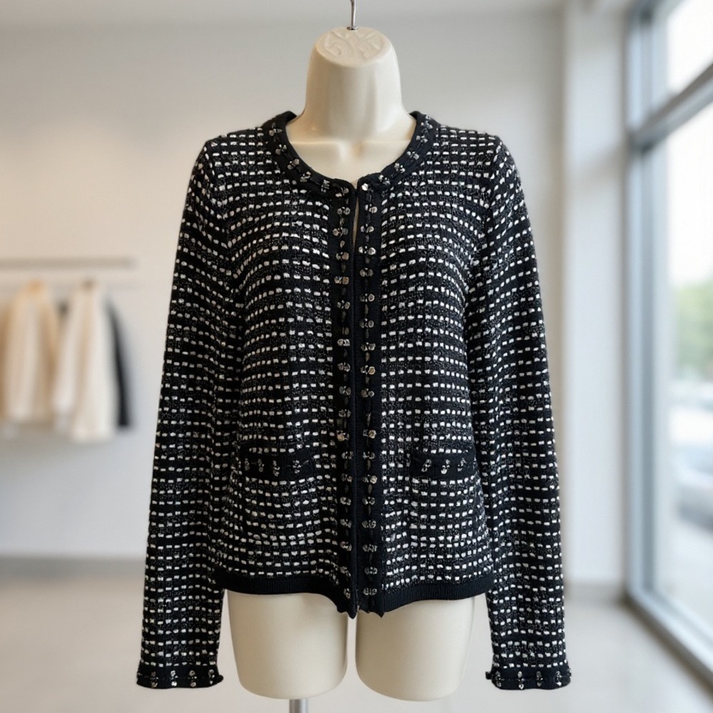 White House Black Market Bouclé Knit Jacket Black Cardigan Size M